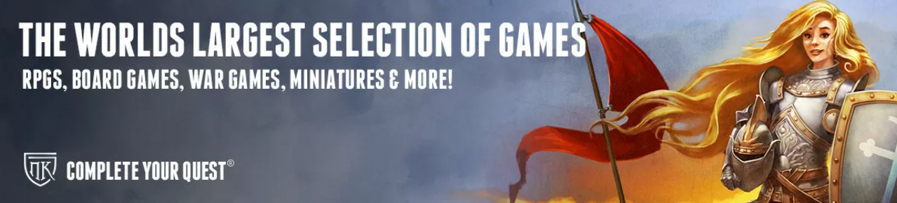 The worlds largest selection of games banner with a femail knight character